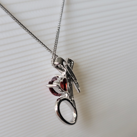 Genuine Diamonds and Garnet Pendant Sterling Silver Necklace 18" - Picture 7 of 9